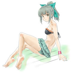  bare_shoulders barefoot feet female full_body hairbow kantai_collection looking_back ponytail silver_hair sitting soles solo souji_kurokawa swimsuit toenail_polish toes twitter_username yellow_eyes yuubari_(kantai_collection) 