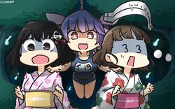  3_3 3girls :d alternate_costume black_hair blue_hair blue_one-piece_swimsuit brown_eyes brown_hair commentary dated floral_print glasses haguro_(kancolle) hair_ornament hamu_koutarou highres hitodama i-19_(kancolle) japanese_clothes kantai_collection kimono long_hair long_sleeves multiple_girls name_tag obi oerba_yun_fang one-piece_swimsuit open_mouth pince-nez rectangular_mouth red_eyes roma_(kancolle) rope sash scared school_swimsuit shaded_face short_hair smile star-shaped_pupils star_(symbol) swimsuit symbol-shaped_pupils unworn_eyewear wide_sleeves yukata 