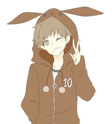  1boy animal_hood bad_id bad_pixiv_id brown_hair hood hooded_jacket jacket kannazuki_iku male_focus one_eye_closed rabbit_hood ren_(friends-love) simple_background solo tsukino_talent_production tsukiuta upper_body white_background 