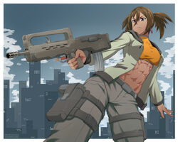  abs aiming belt breasts brown_hair bullpup commentary dark-skinned_female dark_skin earrings ebr-kii english_commentary female gun hair_between_eyes handgun holding holding_gun holding_weapon holster jacket jewelry large_breasts muscular muscular_female navel obliques open_clothes open_jacket original purple_eyes solo sports_bra thigh_holster trigger_discipline twintails weapon 