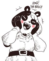  anthro bear belt black_nose closed_eyes clothed clothing dialogue dress english_text eye_markings facial_markings female front_view fully_clothed giant_panda hair happy head_markings jewelry mammal markings multicolored_hair nuclearwasabi open_mouth open_smile short_hair simple_background smile solo speech_bubble text two_tone_hair vampire_(nuclearwasabi) white_background 