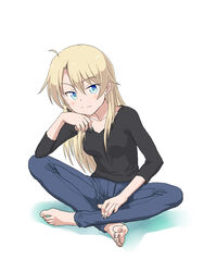  ahoge barefoot black_shirt blonde_hair blue_eyes blush collarbone feet female full_body head_on_hand legs_crossed new_game! pants shirt sitting smirk solo souji_kurokawa spread_legs toes twitter_username yagami_kou 