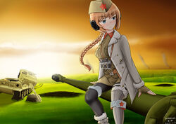  absurdres blue_eyes braid breasts camera character_request chinese_commentary coat commentary_request day female grass hat highres is-2 kangri_jian long_hair military military_hat military_uniform military_vehicle motor_vehicle orange_hair rock smile solo star_(symbol) sunset tank tiger_i uniform warship_girls_r 