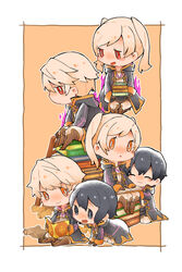  3boys 3girls all_fours black_eyes black_hair book boots chibi cloak closed_eyes commentary_request dark_persona fantasy father_and_daughter fire fire_emblem fire_emblem_awakening fire_emblem_heroes gloves gold_trim grima_(fire_emblem) highres leather leather_gloves morgan_(female)_(fire_emblem) morgan_(fire_emblem) morgan_(male)_(fire_emblem) mother_and_son multiple_boys multiple_girls multiple_persona open_mouth orange_background orange_eyes pants purple_fire red_eyes robe robin_(female)_(fire_emblem) robin_(fire_emblem) robin_(male)_(fire_emblem) scroll short_hair shunrai simple_background sitting_on_books smile twintails two-tone_background white_background white_hair 