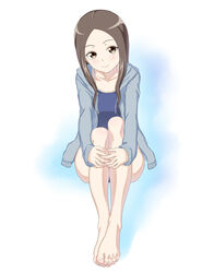  barefoot brown_eyes brown_hair collarbone feet female karakai_jouzu_no_takagi-san legs legs_together sitting smile solo souji_kurokawa sweater takagi-san toes 