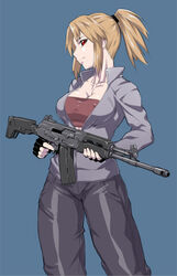  ak-12 assault_rifle bandeau black_gloves blonde_hair blue_background breasts cleavage collarbone commentary covered_nipples cowboy_shot ebr-kii female fingerless_gloves gloves gun holding holding_gun holding_weapon jacket kalashnikov_rifle large_breasts long_hair original pants ponytail red_eyes revision rifle sidelocks solo standing strapless trigger_discipline unzipped weapon 