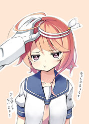  ahoge amakara_surume blue_sailor_collar blush collarbone commentary_request female gloves hand_on_another&#039;s_head headpat i-58_(kancolle) kantai_collection long_sleeves looking_at_viewer neckerchief orange_background orange_hair out_of_frame outline pink_neckerchief pout purple_eyes sailor_collar school_uniform serafuku short_hair_with_long_locks short_sleeves solo_focus swept_bangs translation_request upper_body white_gloves white_outline 