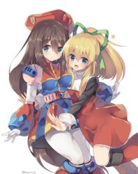  2girls android beret blonde_hair blue_eyes blush breasts brown_hair capcom closed_mouth dress gloves green_eyes green_ribbons hair_between_eyes hair_ornament hair_ribbon happy hat high_ponytail iris_(mega_man) leg_up legs_together long_hair looking_at_viewer low-tied_long_hair mega_man_(classic) mega_man_(series) mega_man_8 mega_man_x4 mega_man_x_(series) military_hat multiple_girls open_mouth ponytail red_dress red_hat rento_(rukeai) ribbon roll_(mega_man) sidelocks simple_background smile very_long_hair white_background white_gloves 