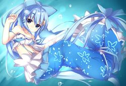  bandeau bare_shoulders blue_background blue_bow blue_eyes blue_hair blue_skirt blue_theme bow closed_mouth commentary_request female flower_knight_girl frills full_body hair_ornament hairbow high_ponytail long_hair looking_at_viewer nerine_(flower_knight_girl) ponytail shell skirt smile smileltha solo 