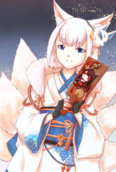  akagi_(azur_lane) akagi_(plum_and_snow)_(azur_lane) animal_ear_fluff animal_ears azur_lane black_gloves blue_eyes closed_mouth commentary_request dutch_angle female fingerless_gloves flower_knot fox_ears fox_girl fox_mask fox_tail gloves gold_trim half-closed_eyes hands_up highres holding japanese_clothes kaga_(azur_lane) kaga_(white_fox&#039;s_new_year)_(azur_lane) kimono kotono_(yufugure) light_smile long_sleeves looking_at_viewer mask multiple_tails obi official_alternate_costume sash short_hair solo split_mouth tail v-shaped_eyebrows white_hair white_kimono wide_sleeves 