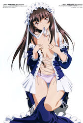  black_hair blue_dress blue_legwear brown_eyes collarbone copyright_name covering covering_breasts dress female flat_chest highres ikkitousen long_hair maid_headdress mouth_hold navel open_mouth panties pink_panties ribbon ribbon_in_mouth rin-sin simple_background socks solo ten&#039;i_(ikkitousen) underwear white_background white_ribbon 