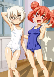  2girls arm_up armpits bangs bare_arms bare_legs bare_shoulders blue_swimsuit blush breasts carinae classroom closed_mouth collarbone covered_navel double_bun eyebrows fangs female full-face_blush glasses gluteal_fold highres indoors legs_together looking_at_viewer multiple_girls no_pupils oerba_yun_fang one-piece_swimsuit open_mouth orange_hair red_eyes school_swimsuit shadow shiny shiny_hair shiny_skin short_hair small_breasts standing sweatdrop swimsuit thigh_gap ueno-san_wa_bukiyou ueno_(ueno-san_wa_bukiyou) white_eyes white_hair white_swimsuit yamashita_(ueno-san_wa_bukiyou) 