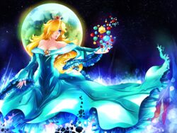  absurdres blonde_hair blue_eyes breasts cleavage commentary_request crown dress female hair_over_one_eye highres invidiata large_breasts long_dress long_hair mario_(series) rosalina solo super_mario_galaxy 