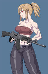  assault_rifle bandeau bare_shoulders black_gloves blonde_hair blue_background breasts cleavage collarbone commentary covered_nipples cowboy_shot ebr-kii female fingerless_gloves gloves gun holding holding_gun holding_weapon large_breasts long_hair midriff muscular muscular_female navel original pants ponytail red_eyes revision rifle sidelocks solo standing strapless trigger_discipline weapon 