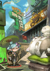  blue_hair blue_sky cloud commentary_request creature day female green_umbrella hair_ornament highres holding inkling japanese_clothes judd_(splatoon) kimono kousaku li&#039;l_judd_(splatoon) long_sleeves manhole manhole_cover marie_(splatoon) oil-paper_umbrella outdoors sign sky solo splatoon_(series) splatoon_2 standing umbrella wide_sleeves yellow_eyes 