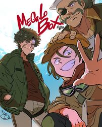  3boys bad_id bad_twitter_id bae_(baebae) bandaid bandaid_on_face bandaid_on_nose brown_eyes brown_hair chest_hair copyright_name eyepatch facial_hair from_below goggles goggles_around_neck green_jacket grin hand_on_another&#039;s_head hands_in_pockets hat highres jacket joe_(megalo_box) male_focus manly megalo_box moustache multiple_boys nanbu_gansatsu sachio_(megalo_box) scar scar_on_cheek scar_on_face signature smile squatting 