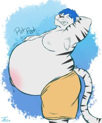  2016 anthro armpit_hair belly big_belly biped black_body black_eyes black_fur black_nose black_stripes blue_hair body_hair bottomwear clothed clothing digital_media_(artwork) felid fur hair hand_on_belly hi_res hyper hyper_pregnancy male mammal nipples obese obese_anthro obese_male one_eye_closed overweight overweight_anthro overweight_male pantherine portrait pregnant pregnant_anthro pregnant_male shorts side_view signature simple_background solo standing striped_body striped_fur stripes tanio teeth textured_background three-quarter_portrait tiger topless whiskers white_body white_fur white_nipples 