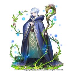  androgynous blue_cloak blue_hair brown_footwear cloak commentary_request faux_figurine florakinesis flower full_body gender_request grass hand_up holding holding_staff light_blue_hair looking_at_viewer mochaabx official_art othellonia plant pointy_ears robe sidelocks solo staff standing transparent_background vines watermark wide_sleeves wizard 