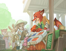  anthro apron barrel berry blueberry_(berry) bonnie_hopps canid canine carrot clothing dessert disney eye_contact family farm food fox fruit gideon_grey glass green_eyes group hat headgear headwear judy_hopps lagomorph leporid looking_at_another mammal necktie nick_southam nick_wilde pastry pie plant pumpkin rabbit sell shirt sign standing straw_(disambiguation) text topwear tree vegetable young young_anthro zootopia 