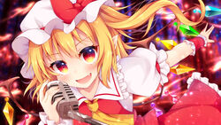  :d absurdres ascot blonde_hair blush bow commentary_request crystal female flandre_scarlet frilled_shirt_collar frills hand_up hat hat_bow highres holding holding_microphone light_particles long_hair looking_at_viewer microphone miy@ mob_cap oerba_yun_fang one_side_up open_mouth petticoat puffy_short_sleeves puffy_sleeves red_bow red_eyes red_skirt red_vest shirt short_sleeves shure_55sh skirt skirt_set smile solo touhou vest white_hat white_shirt wings wrist_cuffs yellow_ascot 