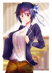  absurdres belt blue_bow blue_hair blue_ribbon blush bow breasts coat commentary_request faiz_azhar female hair_ribbon highres large_breasts looking_at_viewer nisekoi photoshop_(medium) red_eyes ribbon short_hair solo standing tsugumi_seishirou 