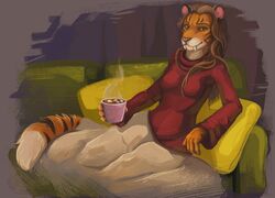  2018 4_fingers antanariva anthro biped breasts brown_hair clothed clothing digital_media_(artwork) felid female fingers fur hair holding_object mammal orange_body orange_fur pantherine sabertooth_(disambiguation) sitting smile solo tiger 