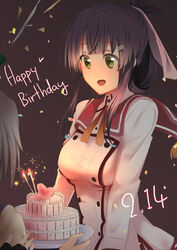  3girls 80mph birthday_cake black_hair buttons cake candle commentary_request confetti etou_kanami fingerless_gloves folded_ponytail food gloves green_eyes hair_ornament hair_ribbon hairclip happy_birthday heart itomi_sayaka layer_cake long_hair minoseki_gakuin_uniform multiple_girls open_mouth ribbon school_uniform short_hair simple_background toji_no_miko white_hair yanase_mai 