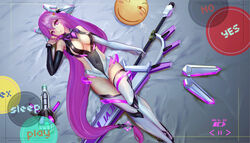  300_heroes asymmetrical_gloves breasts chinese_commentary cleavage commentary_request detached_sleeves elbow_gloves female gloves headgear isha_(300_heroes) large_breasts leotard long_hair lying making-of_available mismatched_gloves on_back photoshop_(medium) purple_eyes purple_hair single_elbow_glove solo thighhighs wangchuan_de_quanyan weapon 