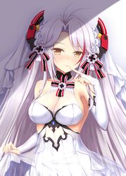  antenna_hair armpits azur_lane bare_shoulders between_legs blush breasts bridal_gauntlets bridal_veil brown_eyes cleavage clothes_lift collarbone commentary_request cross dress dress_lift female finger_to_mouth flower gloves hair_between_eyes hair_ornament headgear highres iron_cross jewelry large_breasts lifting_own_clothes long_hair looking_at_viewer mole mole_on_breast multicolored_hair nail_polish nanairo_fuusen no_bra official_alternate_costume parted_lips prinz_eugen_(azur_lane) prinz_eugen_(symphonic_fate)_(azur_lane) red_hair ribbon see-through smile solo streaked_hair tears two_side_up veil very_long_hair wedding_dress white_dress white_flower white_gloves white_hair 