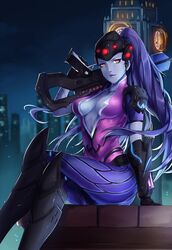  bad_id bad_pixiv_id black_gloves bodysuit breasts center_opening city colored_skin crossed_legs elizabeth_tower female gloves gun head-mounted_display high_ponytail innerboob lips long_hair looking_at_viewer medium_breasts night oninaart outdoors overwatch overwatch_1 pink_bodysuit ponytail purple_hair purple_lips purple_skin rifle short_sleeves sitting skin_tight skyline sniper_rifle solo tattoo very_long_hair weapon widowmaker_(overwatch) yellow_eyes 