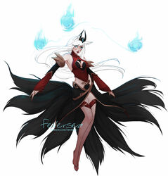  ahri_(league_of_legends) animal_ears bare_shoulders barefoot breasts cleavage cleavage_cutout clothing_cutout detached_sleeves facial_tattoo female feversea floating forehead_jewel fox_ears fox_tail full_body fusion glowing glowing_eyes hair_ornament halterneck highres hitodama korean_clothes league_of_legends lips lipstick long_hair makeup medium_breasts multiple_tails showgirl_skirt solo syndra tail tattoo thigh_strap white_hair 