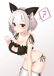  ? animal_ear_fluff animal_ears azur_lane bare_arms bare_shoulders black_bra black_panties bra breasts brown_background cat_cutout cat_ear_panties cat_ears cat_lingerie cleavage cleavage_cutout clothing_cutout collarbone commentary_request fake_animal_ears female frilled_bra frills gradient_background grey_hair hair_between_eyes hairband hand_up lace-trimmed_hairband lace_trim large_breasts leaning_forward meme_attire panties partial_commentary red_eyes shiruko_(27anko) short_hair side-tie_panties sirius_(azur_lane) solo spoken_question_mark thighhighs underwear underwear_only white_background white_hairband white_thighhighs 