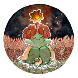  bellossom commentary dark english_commentary evolutionary_stone full_body grass no_humans oliver_hamlin petals pokemon pokemon_(creature) round_image signature solo standing sun_stone 