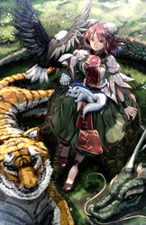  animal arm_at_side bandaged_arm bandages bird brown_footwear bun_cover chains claws commentary_request cuffs day double_bun dragon eagle eastern_dragon female from_above full_body grass green_shirt hair_bun high_heels highres houso_(touhou) ibaraki_kasen koutei_(touhou) kume_(touhou) long_skirt looking_at_viewer md5_mismatch no_socks outdoors pink_eyes puffy_short_sleeves puffy_sleeves raijuu red_eyes red_hair ryosios scales shackles shirt shoes short_hair short_sleeves sitting skirt sunlight tabard talons tiger touhou tree_stump whiskers 