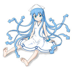  arm_support bare_shoulders barefoot blue_eyes blue_hair bracelet collarbone dress feet female hat ikamusume long_hair shinryaku!_ikamusume sitting smile soles solo souji_kurokawa tentacle_hair toes white_dress white_hat 