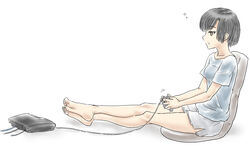  arm_support bangs barefoot black_hair blue_shirt brown_eyes cable casual controller feet female full_body grey_shorts hairclip legs original playstation_3 short_hair shorts sitting soles solo souji_kurokawa thought_bubble toes 