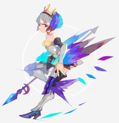  amakusa_(hidorozoa) bare_shoulders boots bracer breasts closed_mouth crown female from_side full_body grey_background grey_hair gwendolyn_(odin_sphere) hairband head_wings high_heel_boots high_heels holding holding_weapon knee_pads leg_wings looking_at_viewer low_wings medium_breasts multiple_wings odin_sphere polearm purple_eyes short_hair simple_background solo spear standing standing_on_one_leg weapon wings 