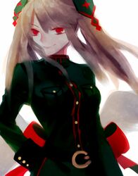  angel_wings bow brown_hair closed_mouth commentary_request female funamusea haiiro_teien light_brown_hair long_hair looking_at_viewer military military_uniform red_eyes rigatona_(funamusea) skirt smile solo tekki_(tki) twintails uniform wings 