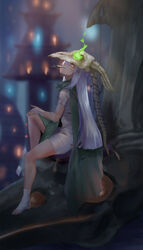  absurdres bandaged_hand bandages blurry blurry_background cape card commentary_request dice female green_cape highres indoors jewelry knife long_hair looking_at_viewer mouth_hold playing_card ring scar scar_on_face shuiping_anding_mian sitting skull_on_head slay_the_spire solo the_silent very_long_hair white_hair yellow_eyes 