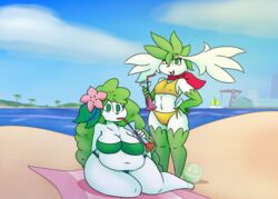  anthro anthrofied beach beverage big_breasts bikini boat breasts clothing cloud detailed_background duo female flat_chested flower flower_(anatomy) fur generation_4_pokemon green_eyes green_hair hair harbor head_flower iguanasarecool island land_forme_shaymin leaf legendary_pokemon mammal midriff nintendo on_towel plant pokemon pokemon_(species) pokemorph sand scarf sea seaside shaymin side-tie_bikini side-tie_clothing side-tie_swimwear sky_forme_shaymin strapless_bikini strapless_clothing strapless_swimwear straw_(disambiguation) string_bikini swimwear towel vehicle water watercraft white_body white_fur 