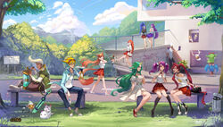  6+girls ahri animal animal_ears bandages bare_arms bare_shoulders bench black_footwear black_legwear black_shirt blonde_hair blue_hair blue_jacket blue_pants blue_sky bottle bow bowtie brown_hair brown_pants brown_skirt bubble_blowing building casual chewing_gum choker cloud cloudy_sky commentary copyright_name cross-laced_footwear dark_skin day dress ekko_(league_of_legends) english_commentary ezreal familiar forest fox_ears fox_tail gauntlets glasses goggles goggles_on_head grass green_hair green_jacket highres holding holding_bottle hourglass jacket janna_windforce jewelry jinx_(league_of_legends) kicking kneehighs kusanagi_lin league_of_legends leaning logo long_hair lulu_(league_of_legends) luxanna_crownguard miniskirt mohawk multiple_boys multiple_girls mushroom nature necklace off_shoulder open_clothes open_jacket outdoors pants park_bench plaid plaid_skirt planted_weapon pointy_ears poppy power_lines puffy_short_sleeves puffy_sleeves purple_hair railing red_hair red_skirt road round_eyewear sandals sarah_fortune school_uniform shirt shoes short_hair short_sleeves sidelocks sign sitting skirt sky sleeveless sleeveless_shirt sneakers soraka stairs syndra tail teemo thighhighs trash_can tree tree_shade twintails very_long_hair wavy_hair weapon weibo_username white_dress white_footwear white_hair white_shirt yordle zed_(league_of_legends) zettai_ryouiki 