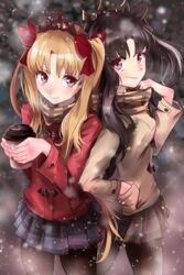  2girls :&gt; absurdres alternate_costume black_hair black_pantyhose black_ribbon black_skirt blonde_hair blush breath coat coffee commentary_request cowboy_shot cup disposable_coffee_cup disposable_cup duffel_coat ereshkigal_(fate) fate/grand_order fate_(series) hair_ribbon hand_in_pocket hand_up hands_up highres holding holding_cup ishtar_(fate) long_hair long_sleeves looking_at_viewer miniskirt multiple_girls nakasaku-p pantyhose parted_bangs parted_lips plaid plaid_scarf pleated_skirt red_coat red_ribbon ribbon scarf shared_clothes shared_scarf siblings sisters skirt smile snow snowing tiara two_side_up very_long_hair winter_clothes yellow_coat 