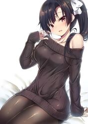  bare_shoulders black_hair black_pantyhose black_sweater blush bow breasts brown_eyes collarbone commentary_request cowboy_shot female gakkou_de_seishun! hair_over_shoulder hairbow highres kamino_saori large_breasts long_hair long_sleeves looking_at_viewer medium_hair off-shoulder_sweater off_shoulder open_mouth pantyhose sanshoku_amido side_ponytail sitting sleeves_past_wrists smile solo sweater white_bow 