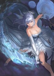  blue_dress blue_eyes blue_footwear blue_hair breasts cleavage commentary dress female fighting_stance gloves granblue_fantasy grey_hair highres holding holding_sword holding_weapon long_hair looking_at_viewer magic medium_breasts slashing smile solo sword therese_(granblue_fantasy) wasabi60 weapon white_gloves 