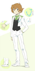  brown_eyes brown_hair catgirl0926 commentary_request crossdressing female formal full_body glasses hand_in_pocket necktie pidge_gunderson reverse_trap short_hair smile solo suit translation_request tuxedo vest voltron:_legendary_defender voltron_(series) white_suit 