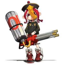  absurdres animal_print bird_print black_hat black_jacket closed_mouth commentary_request female frown full_body glint hat highres holding hydra_splatling_(splatoon) jacket legs_apart long_hair long_sleeves octoling octoling_girl octoling_player_character ofuda red_eyes red_hair shadow shibainu shoes simple_background sneakers solo sparkle splatoon_(series) splatoon_2 standing suction_cups tentacle_hair white_background zipper zipper_pull_tab 