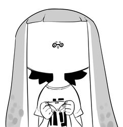  2018 5_fingers animal_humanoid cephalopod cephalopod_humanoid clothed clothing eye_markings facial_markings fingers front_view greyscale hair head_markings holding_object humanoid humanoid_hands inkling long_hair looking_at_viewer marine marine_humanoid markings mask mask_(marking) mollusk mollusk_humanoid monochrome nintendo noseless nuclearwasabi panties shirt simple_background small_face solo splatoon t-shirt topwear underwear white_background 