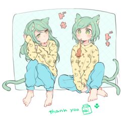  2girls afterimage animal_ears aqua_hair bang_dream! barefoot blue_pants blush cat_ears cat_tail commentary_request curly_hair full_body green_eyes green_hair green_tail heartbeat hikawa_hina hikawa_sayo long_sleeves looking_at_another mikan-uji milk_carton mouse_(animal) mouth_hold multiple_girls pants shirt short_hair siblings simple_background sisters sitting smile tail tail_wagging thank_you twins yellow_shirt 