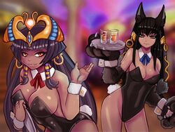  animal_ears anubis_(monster_girl_encyclopedia) artist_request breasts cleavage cocktail_dress crown dark_skin dress egyptian leotard looking_at_viewer monster_girl monster_girl_encyclopedia pharaoh_(monster_girl_encyclopedia) revealing_clothes smile tiara tie wolf_ears 