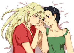  1boy bad_id bad_pixiv_id black_eyes black_hair blonde_hair blush commentary_request female green_tank_top gundam gundam_wing itou_katsumi kissing kissing_hand long_hair lucrezia_noin red_shirt shirt short_hair straight strap_slip tank_top white_background zechs_merquise 